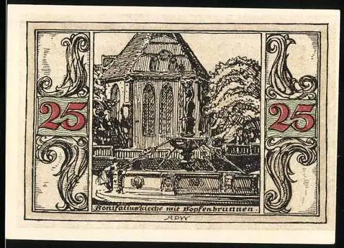 Notgeld Arnstadt, 1921, 25 Pfennig, Bonifatiuskirche mit Hopfenbrunnen und Stadtwappen