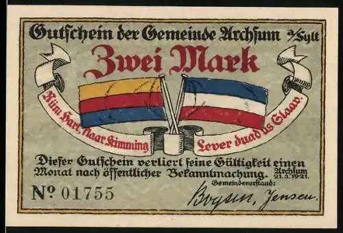 Notgeld Archsum / Sylt, 1921, Zwei Mark, Gemeindewappen und Sturmflut am 3. Dez. 1909