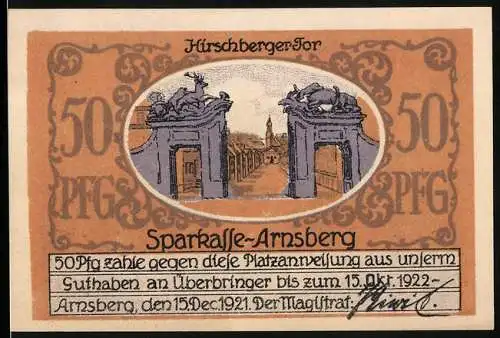 Notgeld Arnsberg / W. 1921, 50 Pfennig, Hirschberger Tor und Stadtansicht von Alt-Arnsberg