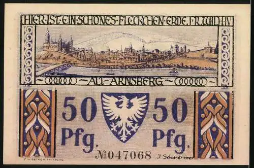 Notgeld Arnsberg / W. 1921, 50 Pfennig, Hirschberger Tor und Stadtansicht von Alt-Arnsberg