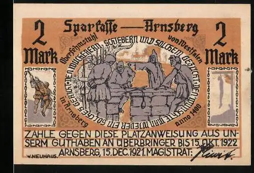 Notgeld Arnsberg / W. 1921, 2 Mark, Darstellung von Handwerkern und Stadtansicht