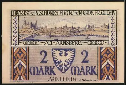 Notgeld Arnsberg / W. 1921, 2 Mark, Darstellung von Handwerkern und Stadtansicht