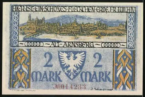 Notgeld Arnsberg / W., 1922, 2 Mark, Sparkasse Arnsberg mit Stadtansicht und Adlerwappen