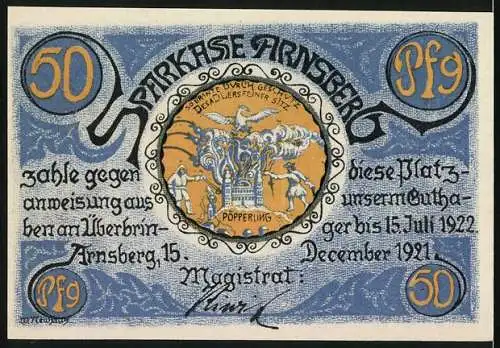 Notgeld Arnsberg / W. 1921, 50 Pfennig, Alt-Arnsberg Ansicht und Sparkasse Arnsberg Design