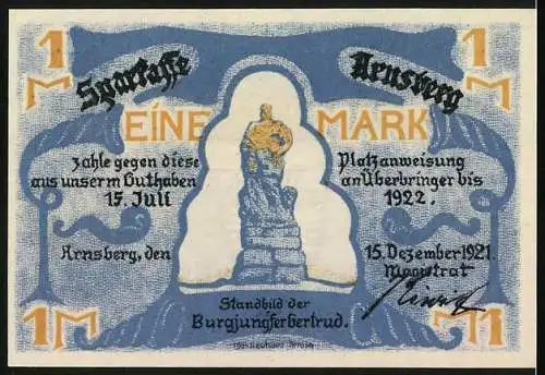 Notgeld Arnsberg / W., 1921, 1 Mark, Stadtansicht und Standbild der Burgjungfer Gertrud