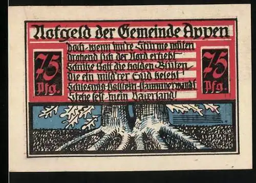 Notgeld Appen / Pinneberg, 75 Pfennig, farbiger Schein mit Gedicht und Wappen der Gemeinde, 1920er Jahre