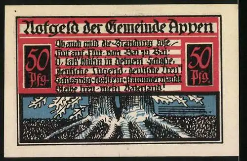 Notgeld Appen / Pinneberg, 1921, 50 Pfennig, farbenfrohes Design mit Wappen und Eichenbaum-Motiv