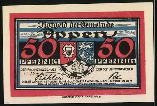 Notgeld Appen / Pinneberg, 1921, 50 Pfennig, farbige Darstellung eines Baumes und Wappen der Gemeinde Appen