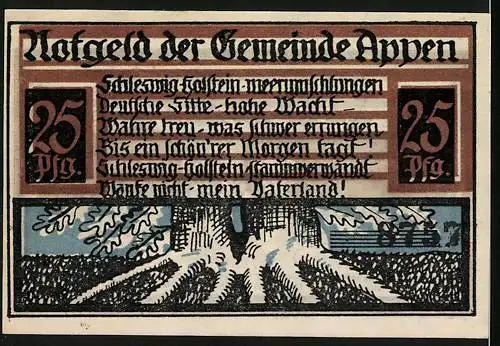 Notgeld Appen / Pinneberg, 1921, 25 Pfennig, farbiges Wappen und Landschaftsmotiv