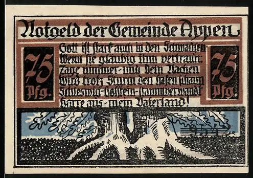 Notgeld Appen / Pinneberg, 1921, 75 Pfennig, Landschaft und Wappen, Text mit patriotischem Gedicht