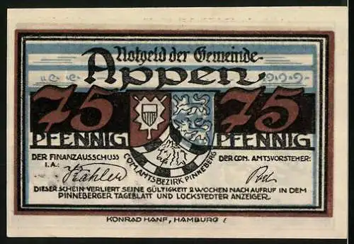 Notgeld Appen / Pinneberg, 1921, 75 Pfennig, Landschaft und Wappen, Text mit patriotischem Gedicht