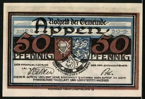 Notgeld Appen / Pinneberg, 1921, 50 Pfennig, Landschaftsabbildung und Gemeindewappen, farbig gestaltet