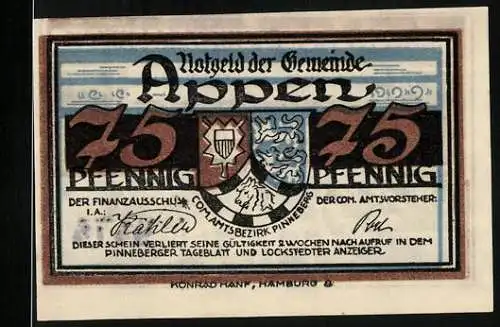 Notgeld Appen / Pinneberg, 75 Pfennig, Vorderseite mit Wappen und Unterschriften, Rückseite mit Landschaftsbild