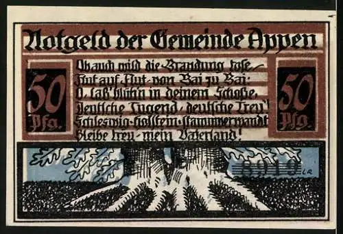 Notgeld Appen / Pinneberg, 1921, 50 Pfennig, Wappen und Landschaft mit Textpassage