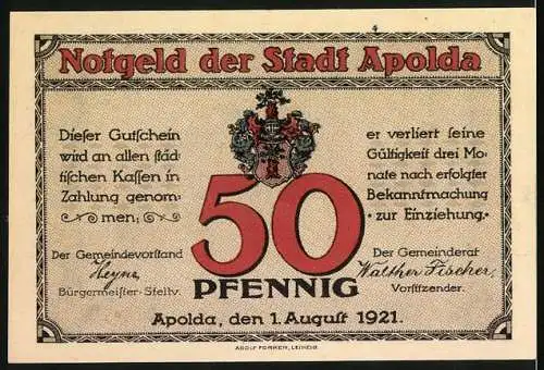 Notgeld Apolda 1921, 50 Pfennig, Schloss und Stadtwappen