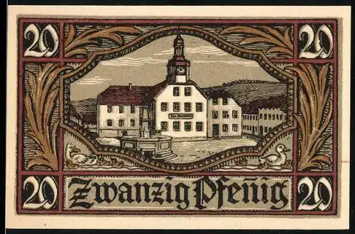 Notgeld Remda i. Thür., 1921, 20 Pfennig, Gebäude und Wappen mit Löwe
