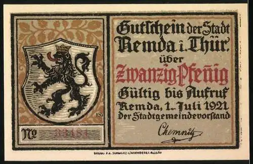 Notgeld Remda i. Thür., 1921, 20 Pfennig, Gebäude und Wappen mit Löwe