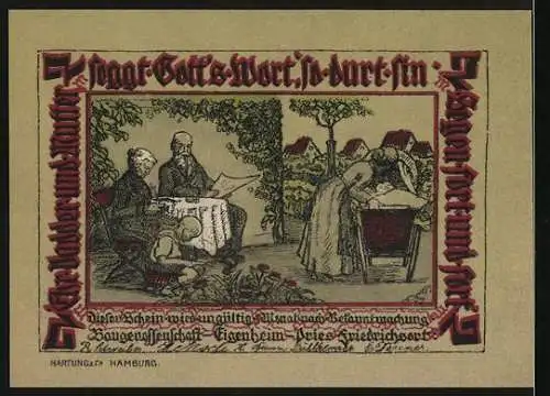 Notgeld Pries-Friedrichsort 2 Mark, rotes Gebäude und ländliche Szene mit Familie, Text Kraft und Gründung