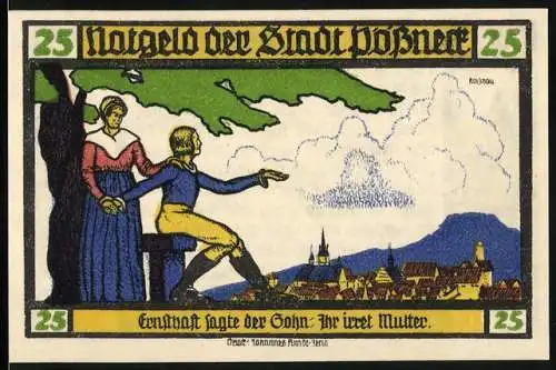 Notgeld Pössneck, 1921, 25 Pf, farbige Darstellung von Hermann und Dorothea, Goethe-Gedicht auf Rückseite