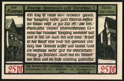 Notgeld Pössneck, 1921, 25 Pf, farbige Darstellung von Hermann und Dorothea, Goethe-Gedicht auf Rückseite