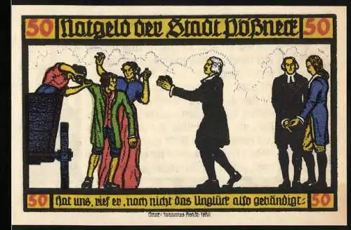 Notgeld Pössneck, 1921, 50 Pfennig, Szene mit diskutierenden Menschen und Goethe Zitat