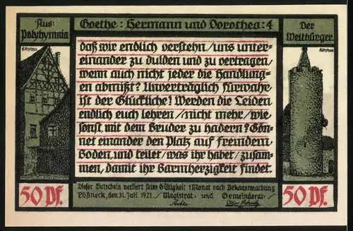 Notgeld Pössneck, 1921, 50 Pfennig, Szene mit diskutierenden Menschen und Goethe Zitat