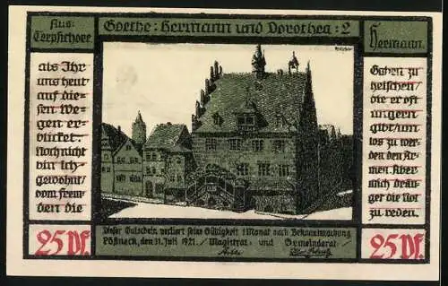 Notgeld Pössneck 1921, 25 Pfennig, Motiv mit Frau, Mann, Kuh und Pferd, Gebäudeansicht auf Rückseite