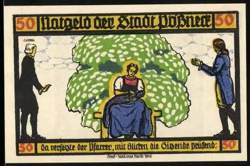 Notgeld Pössneck, 1921, 50 Pfennig, Goethe Hermann und Dorothea, Stadtansicht und literarische Szene