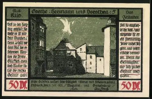 Notgeld Pössneck, 1921, 50 Pfennig, Goethe Hermann und Dorothea, Stadtansicht und literarische Szene