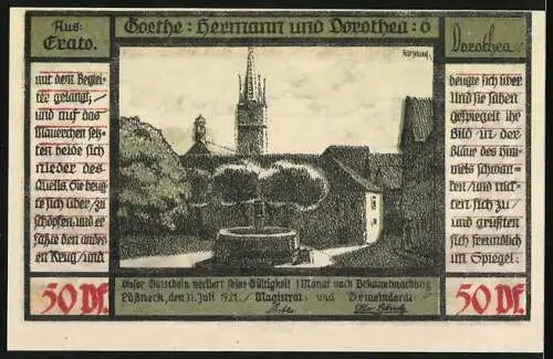 Notgeld Pössneck, 1921, 50 Pfennig, Szene mit zwei Frauen und Stadtansicht mit Kirche