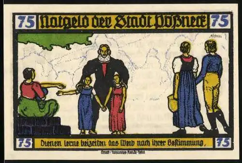 Notgeld Pössneck, 1921, 75 Pfennig, Darstellung von Szenen aus Goethe`s Hermann und Dorothea und Spruch