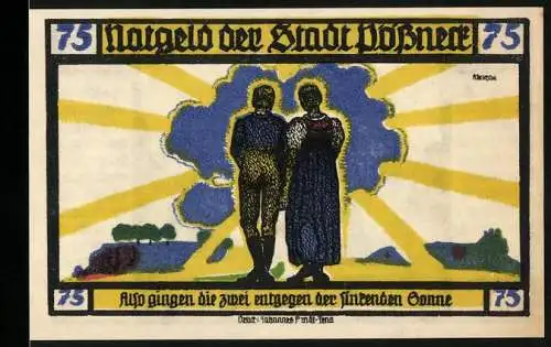 Notgeld Pössneck, 1921, 75 Pfennig, zwei Personen vor aufgehender Sonne, Rückseite Goethe Hermann und Dorothea Text