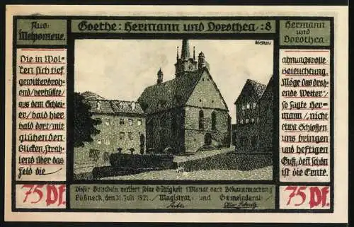 Notgeld Pössneck, 1921, 75 Pfennig, zwei Personen vor aufgehender Sonne, Rückseite Goethe Hermann und Dorothea Text