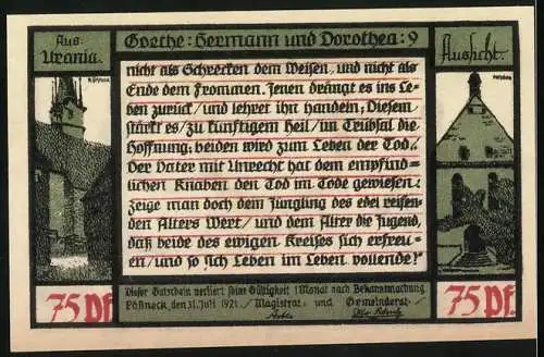 Notgeld Pössneck, 1921, 75 Pfennig, Goethe Hermann und Dorothea mit Szenen und Text