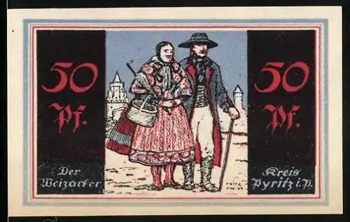 Notgeld Pyritz, 1921, 50 Pf, Der Weizacker und Paar in traditioneller Kleidung, Kreis Pyritz in Pommern
