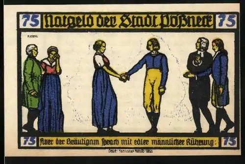 Notgeld Pössneck, 1921, 75 Pfennig, Goethe: Hermann und Dorothea, Szenen und Gebäudeabbildungen