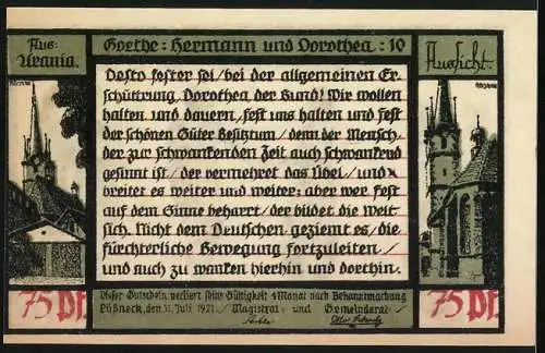 Notgeld Pössneck, 1921, 75 Pfennig, Goethe: Hermann und Dorothea, Szenen und Gebäudeabbildungen