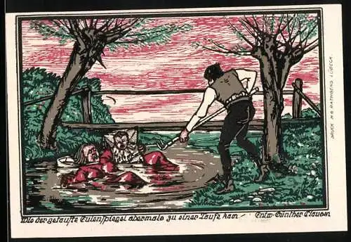 Notgeld Kneitlingen, 1921, 50 Pfennig, Mann rettet zwei Frauen aus dem Wasser, Löwe und Eule