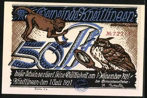 Notgeld Kneitlingen, 1921, 50 Pfennig, Mann rettet zwei Frauen aus dem Wasser, Löwe und Eule