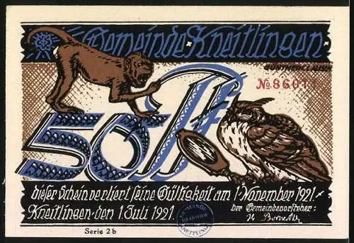 Notgeld Kneitlingen 1921, 50 Pfennig, Darstellung von Till Eulenspiegel und Tiere