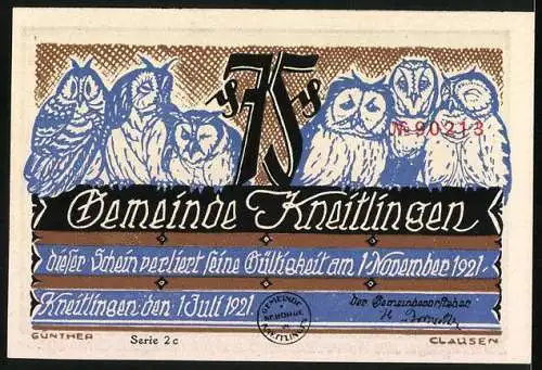 Notgeld Kneitlingen 1921, 75 Pfennig, Till Eulenspiegel kauft Sand und setzt sich in eigenes Land, Eulen