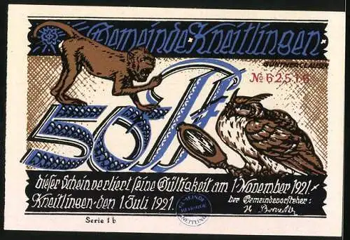Notgeld Kneitlingen, 1921, 50 Pfennig, Illustration des Eulenspiegelhofs und Tieren