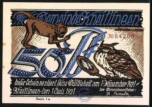 Notgeld Kneitlingen, 1921, 50 Pfennig, Darstellung von Claus und Anna Klinckowström, Katze und Eule