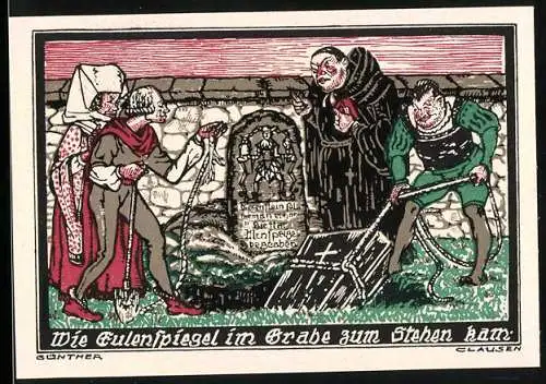 Notgeld Kneitlingen, 1921, 1 Mark, Wie Eulenspiegel im Grabe zum Stehen kam, Affen und Schriftzug