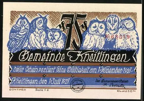 Notgeld Kneitlingen, 1921, 75 Pfennig, Till Eulenspiegel malt den Herzog, sieben Eulen und Schrift
