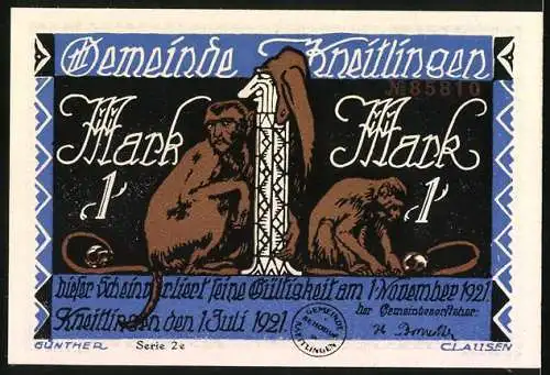 Notgeld Kneitlingen 1921, 1 Mark, Till Eulenspiegel und Affenmotiv