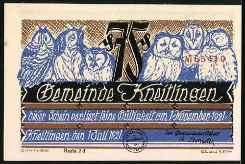 Notgeld Kneitlingen, 1921, 75 Pfennig, Till Eulenspiegel verkauft einen Dachhasen für einen Feldhasen, Eulen