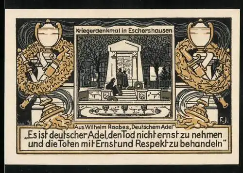 Notgeld Eschershausen 1921, 75 Pfennig, Kriegerdenkmal und Ansichten von Eschershausen