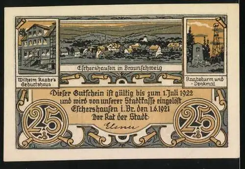 Notgeld Eschershausen 1921, 25 Pfennig, Die Berge sind den Göttern heilig und Stadtansichten