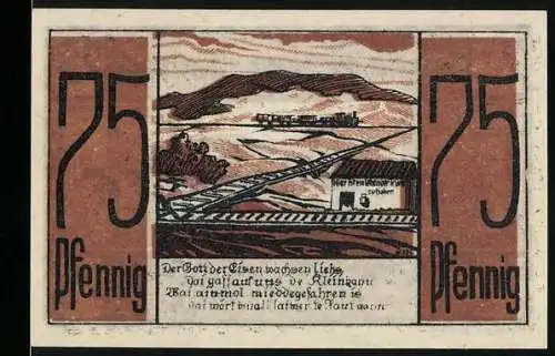 Notgeld Medebach 1921, 75 Pfennig, Landschaft und Stadtansicht mit Wappen und Eisenbahn